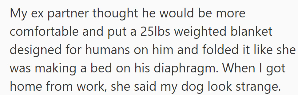 OP's ex put 25lbs weighted blanket on 27lbs dog's diaphragm. Dog looked odd when OP returned.