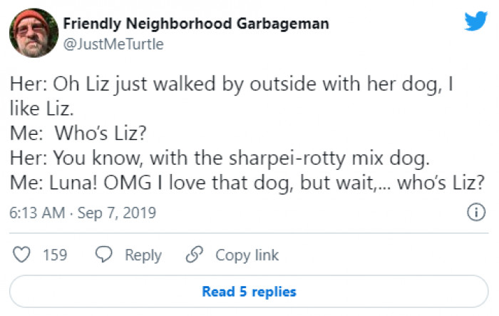1. Again, who is Liz? Oh, that girl who is taking Luna for a walk