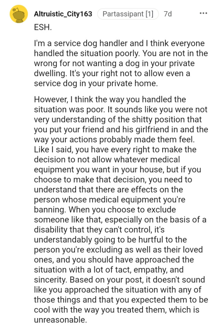 It's the OP's right not to allow a service dog in his private home