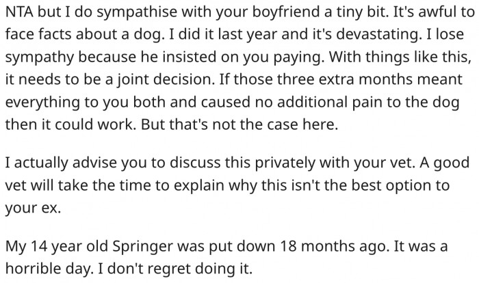She should get the vet to explain to her ex why it's a bad decision.