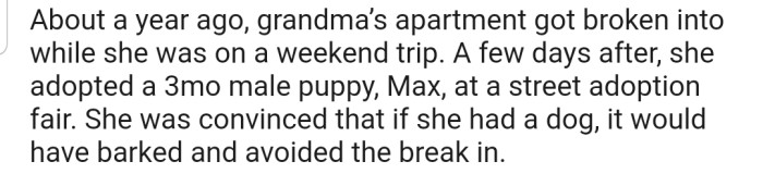 But after a break-in, she decided to adopt a dog (Max) for security purposes