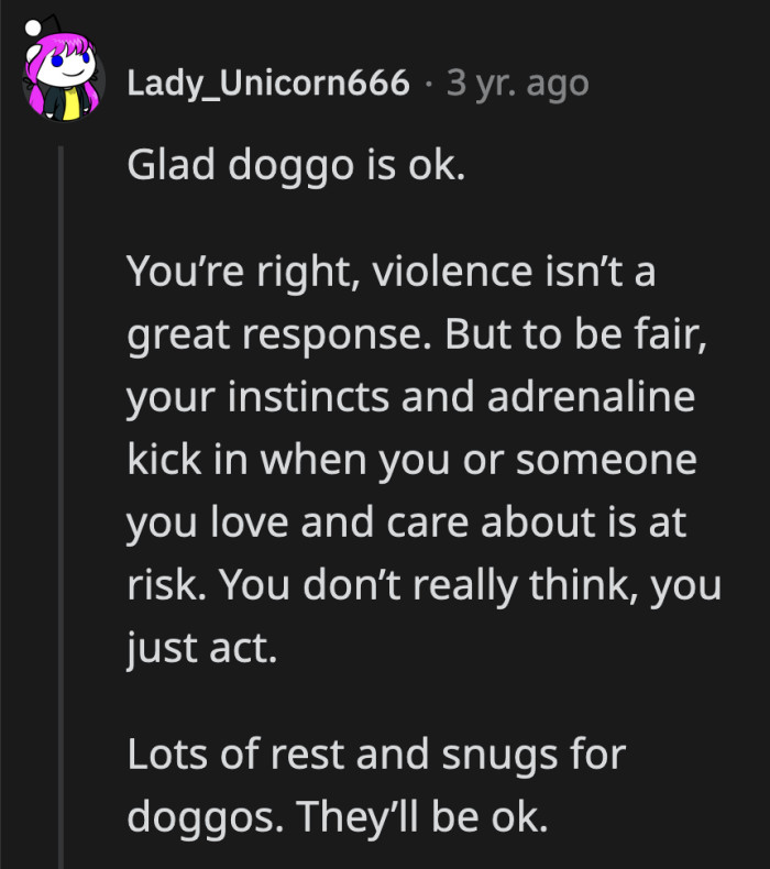 It might not have been the best for OP to punch the woman twice and to have Dash chase them away, but at that moment it was all she could do to prevent further harassment