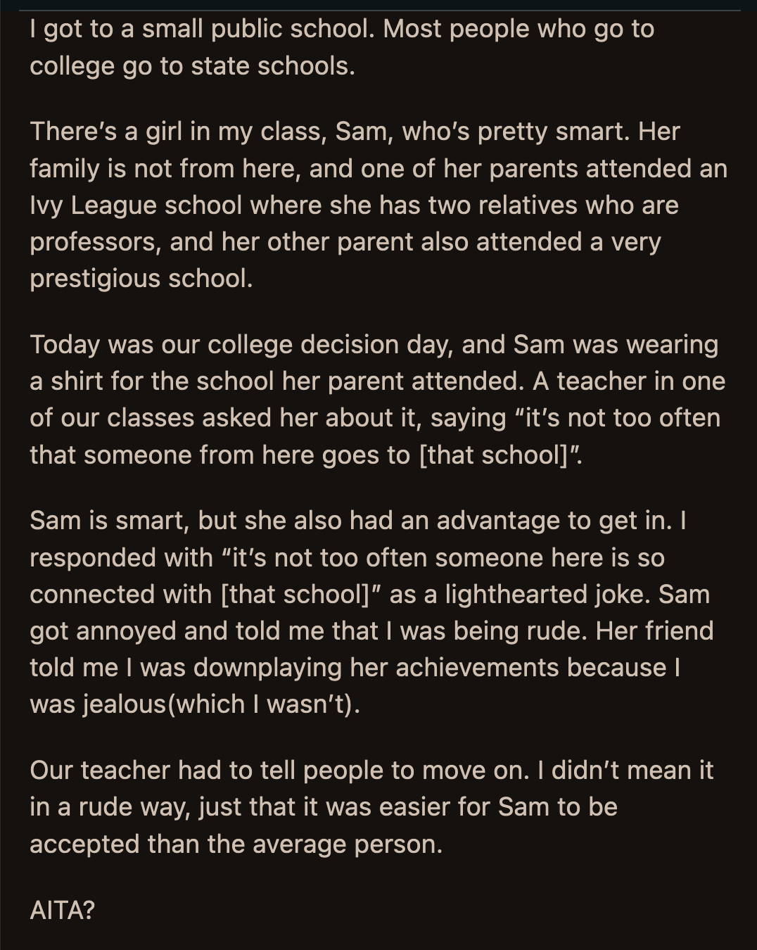 The disruption only ended when their teacher asked the class to move on. Did OP make an unfair comment about Sam?