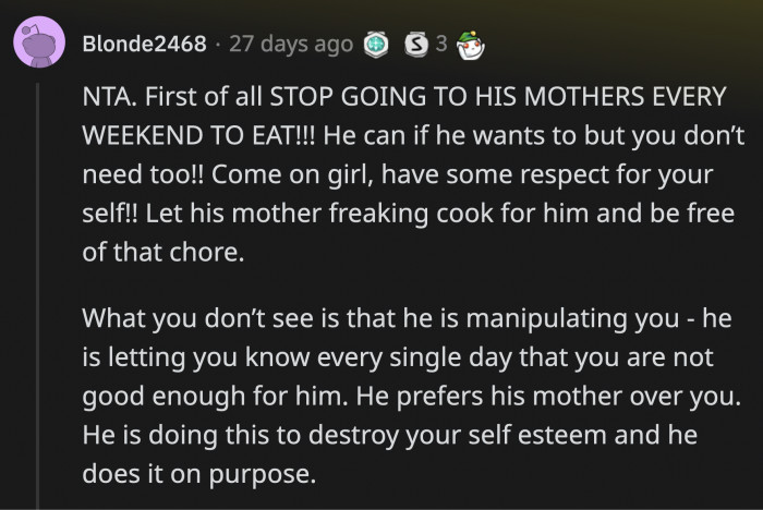 There's more to Mickey's attitude than food preference; by choosing to only eat the food his mother makes, he is telling OP that she is not good enough for him. OP has a choice here: go along with this farce or realize her self-worth.
