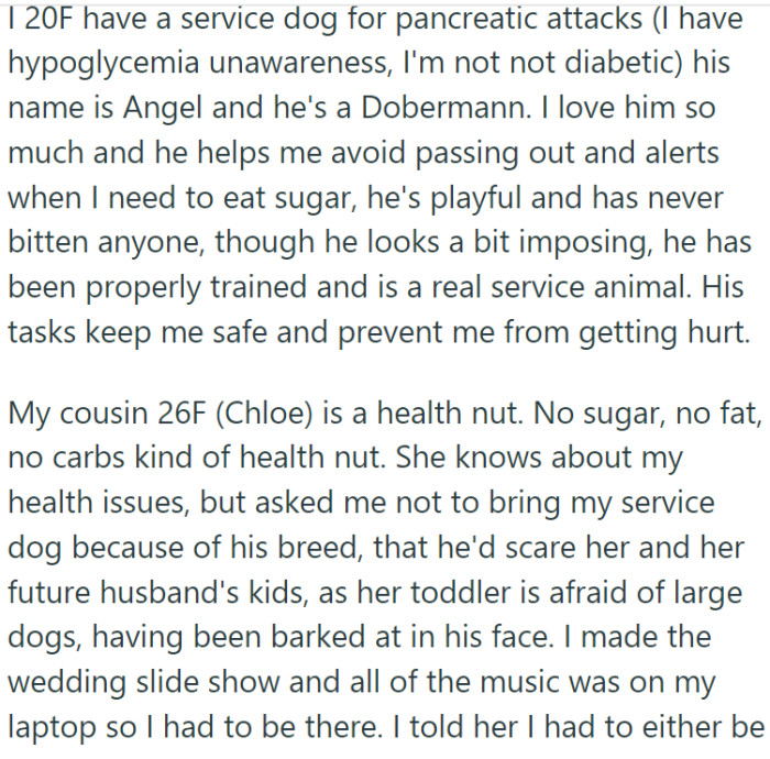 She is a 20-year-old woman with hypoglycemia unawareness. She has a trained Dobermann named Angel, who serves as her service animal to alert her of impending pancreatic attacks.