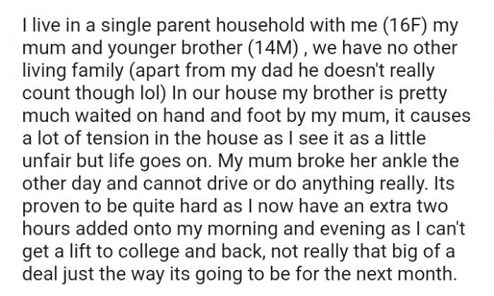 My brother is pretty much waited on hand and foot by my mum