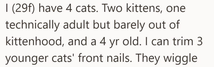 Managing several cats means she is already used to the occasional wiggle during nail trims.