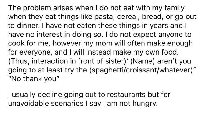 OP and her family have different eating habits that are not that compatible.