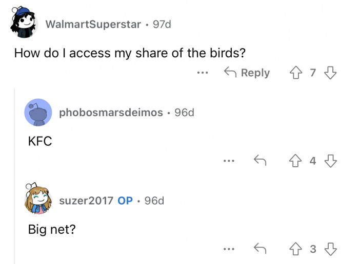 Each person is entitled to their own share of birds.