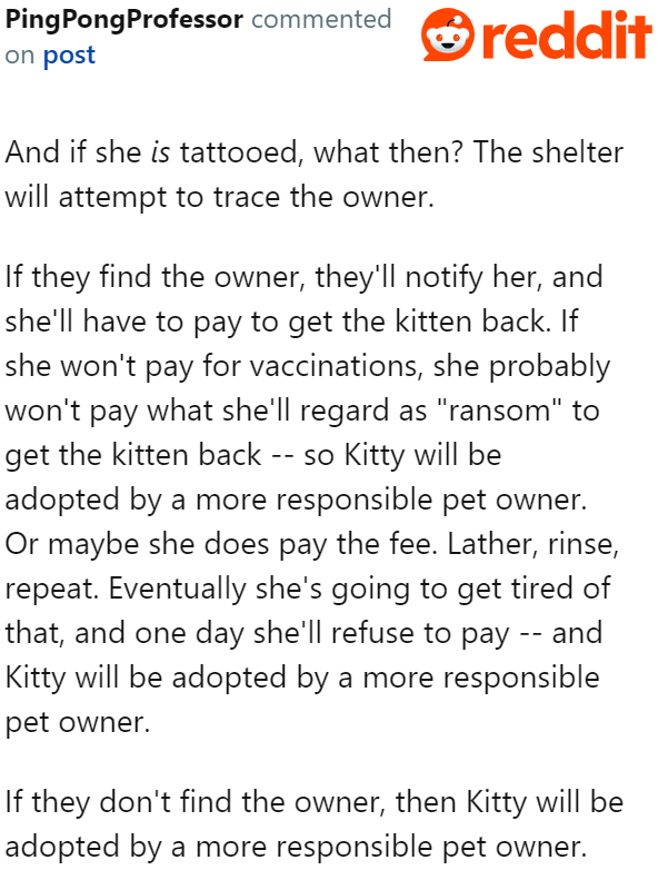 It doesn't matter whether the cat is tattooed or not; a shelter will give the cat a chance to find a better owner.