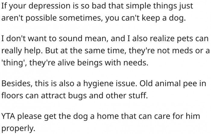 16. She shouldn't have a dog if her depression prevents her from doing things.