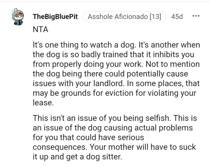 This is not an issue about the OP being selfish but the dog causing problems
