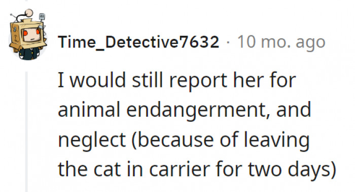 9. The cat shouldn't have even been in the carrier since she should have been delivered to the humane society