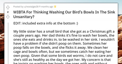 Redditor Complains About Their Dad Washing The Bird’s Bowls In The Kitchen Sink - With A Sponge He Later Uses For Dishes