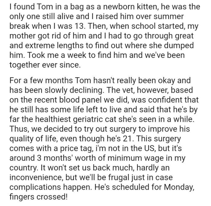 The vet was confident that he still has some life left to live and said that he's by far the healthiest geriatric cat she's seen