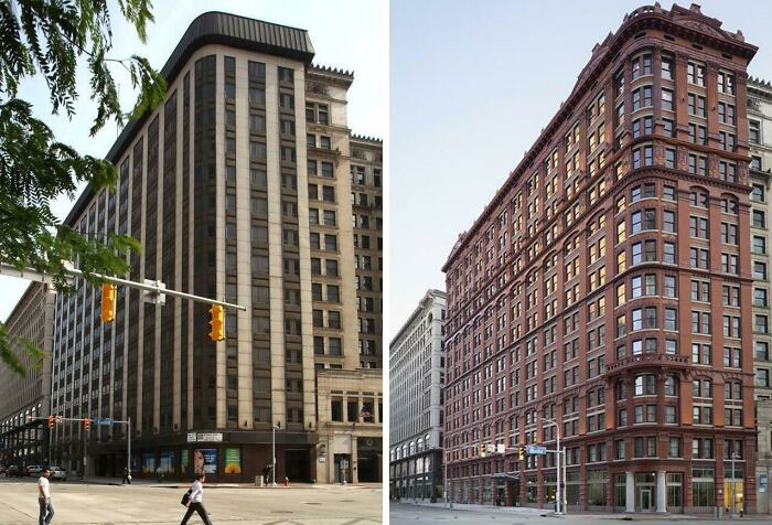 5. The Schofield Building, located in Cleveland, USA, was constructed in 1902. During the 1960s, its facade was covered with panels, but in 2017, it underwent a restoration to return it to its original design