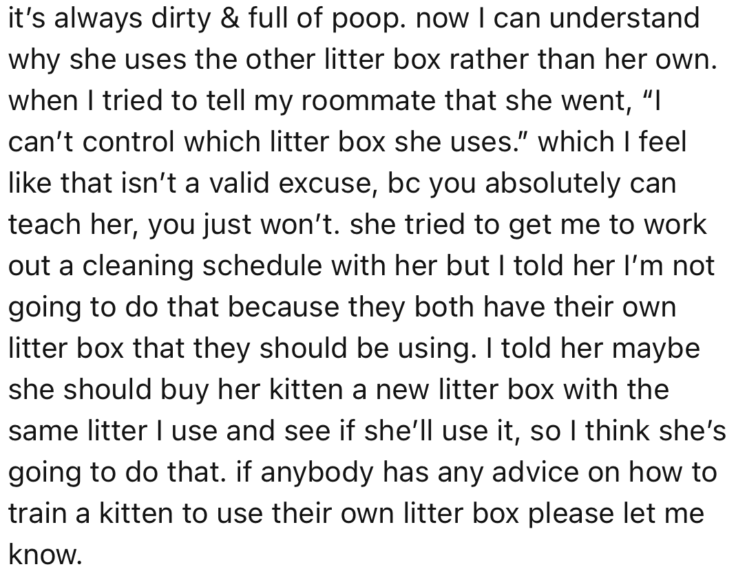 OP asked his roommate to always keep her kitten’s litter box clean and teach her kitten to use it. This did not go well with his roommate.