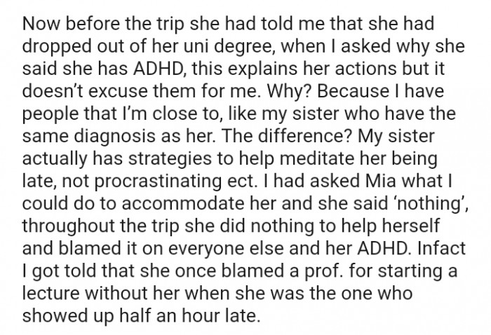 The OP's sister actually has strategies to help mitigate her being late and not procrastinating