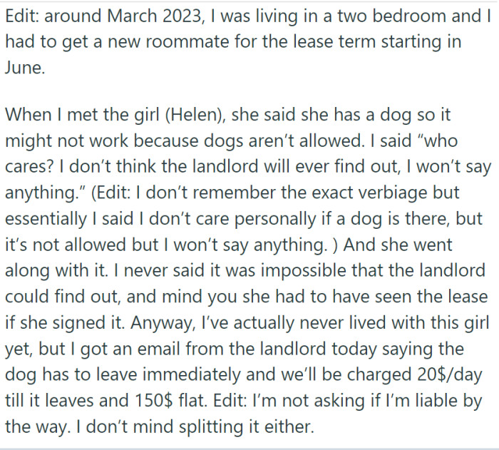 OP recently needed a new roommate for an upcoming lease term starting in June 2023. Enter Helen, a prospective roommate who also happened to have a dog.