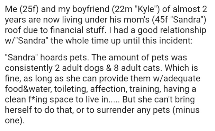 The amount of pets she has is about 2 adult dogs and 8 adult cats