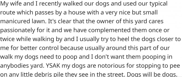 He and his wife were walking their dogs. OP is always careful not to let their dogs do their business on people's lawns
