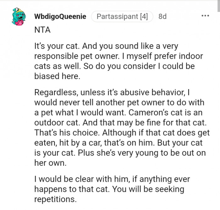 This Redditor prefers indoor cats as well
