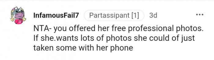 You offered her free professional photos
