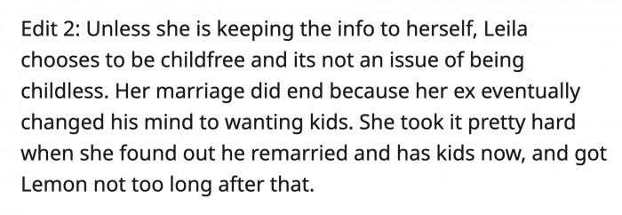 From what she knows, Leila is childless by choice, but due to her ex-husband having a new kid, OP thinks there's more to this Mother's Day issue than Leila is willing to admit.