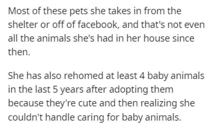 The grandma adopts pets from the shelter or off of Facebook