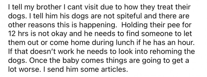 The Redditor told her brother that she could no longer visit them due to how they treat their dogs.