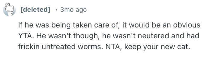 “He wasn't neutered and had frickin untreated worms. NTA, keep your new cat.”
