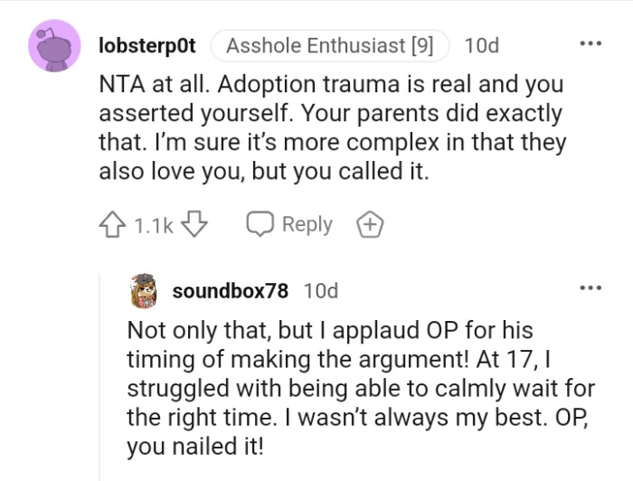 Adoption trauma is real, and the OP asserted himself
