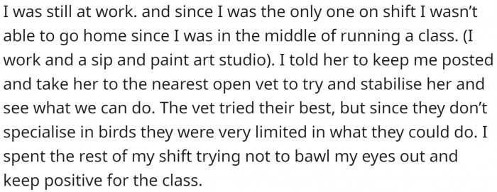 Her mom took the bird to the vet. Fortunately, its life wasn't in danger, but it had to undergo some interventions, which were going to cost OP dearly.