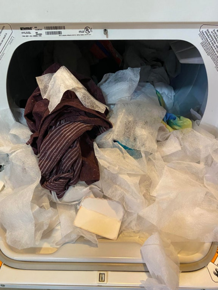 28. My wife tossed a pile of laundry into the dryer. Along with a brand new box of 500 dryer sheets…