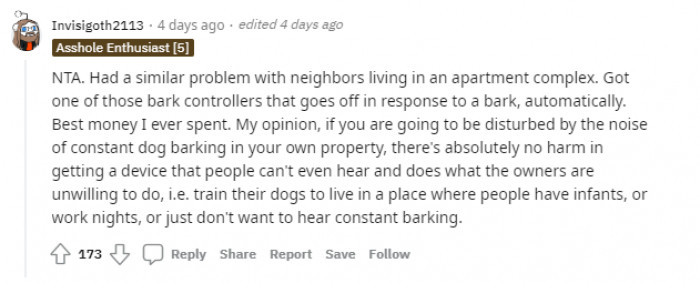 Woman holding a bark control device, discussing neighbor dog barking concerns