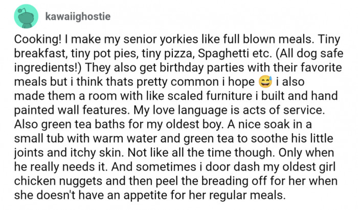 14. This user makes entire meals for their senior Yorkies and throws them birthday parties