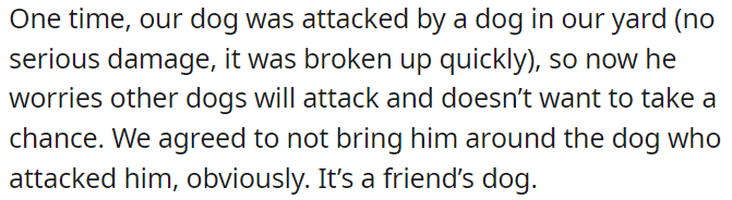 Their dog was once attacked in their yard, with no serious harm, but her boyfriend is fearful of other dogs and avoids them.