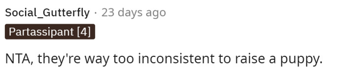 The situation doesn't sound ideal for a puppy, so we believe that OP should not give it back to them.