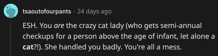 Someone commented that OP behaved like a crazy cat lady for taking her cat to bi-annual checkups she doesn't need
