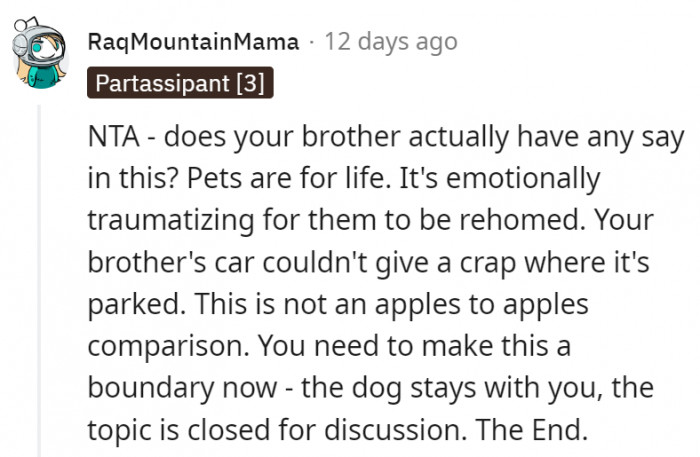 2. It's absurd how the brother compared the dog, a living, breathing creature, to a lifeless hunk of metal.