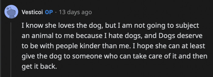 OP understands how much his sister loves the dog, but he is not a dog person. OP doesn't like dogs at all.