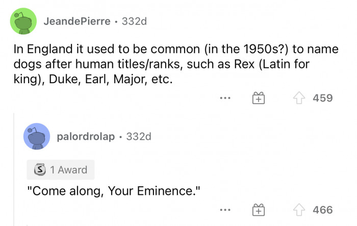 This is interesting, and nowadays I don't think I've heard any pets named these names besides Rex.