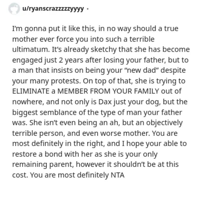 We can only hope that time will heal both the OP and his mom.