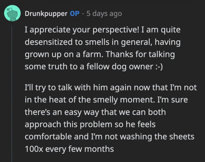 OP also grew up on a farm, which means her meter for what is stinky could be different from her BF's.