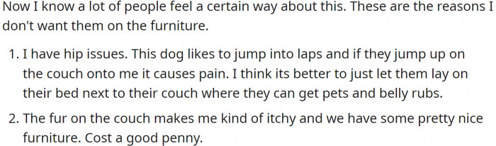 OP has some rules about dogs and the furniture. She even listed her reasons