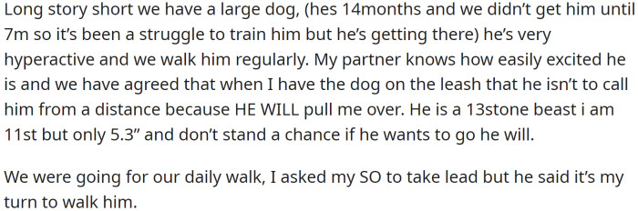 OP has a large, 14-month-old dog they only got 7 months ago and have been struggling to train.