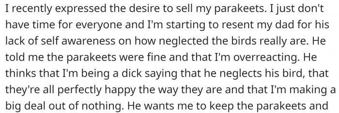 So, OP decided to sell the parakeets. She simply doesn't have the time for them. Her dad disagrees and thinks the birds are perfectly happy.