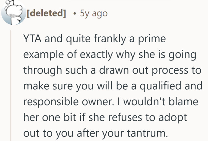 When the goal is finding calm, responsible owners, a tantrum is not exactly a glowing reference.