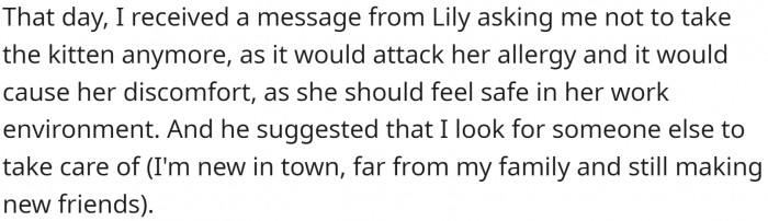 OP made efforts to limit any contact the kitten might have with that coworker. But it wasn't enough for her