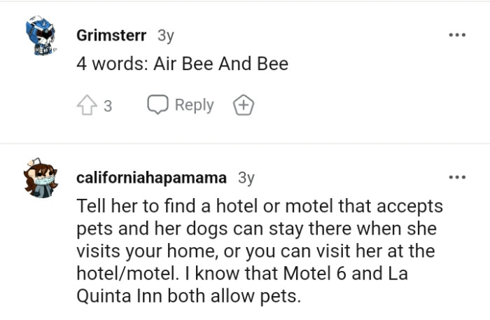 Telling her to find a hotel that accepts pets